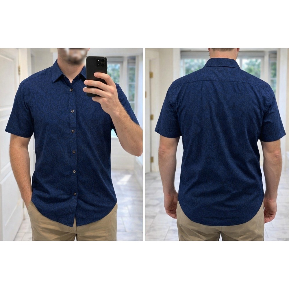Robert Graham Mens XL Navy Blue Paisley Damask Short Sleeve Button‎ Down Shirt